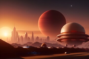 Obraz premium A bustling colony thrives under a red sky with two suns. Sleek metallic buildings rise amidst alien vegetation, with a ringed planet casting a soft glow overhead.