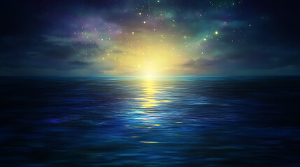 Serene Ocean Vista at Sunset with Celestial Starburst Displaying Dramatic Natural Beauty and Wonder.
