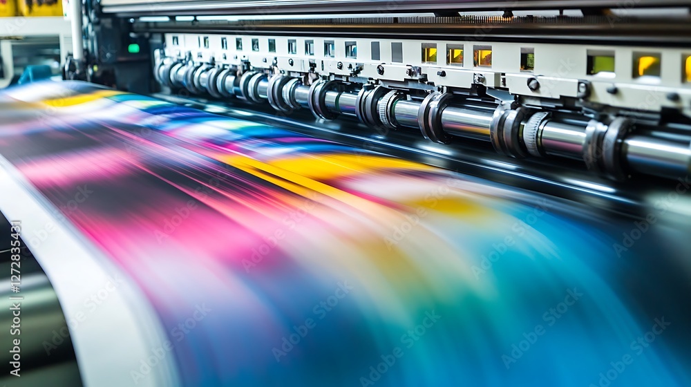 Aufkleber printing machine processing colorful graphic design on paper at high speed