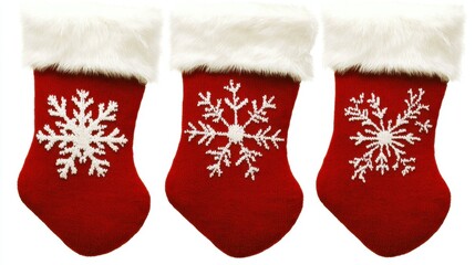 Three Red Christmas Stockings with White Snowflake Designs Against a White Background