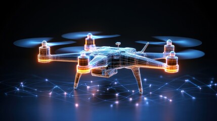 Drone with blue and orange design featuring military wireframe and glowing blue details