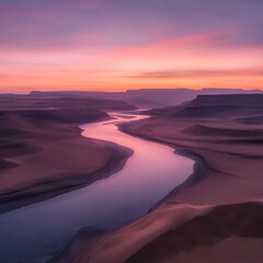 Fototapeta premium Serene River Meandering Through Desert Sands Under a Colorful Twilight Sky Landscape Art.