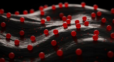 Red spheres on black wavy surface: abstract modern background