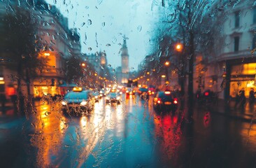 Rainy Night Cityscape: Blurry Lights, Traffic, and Water Droplets on Glass, Creating a Dreamy, Atmospheric View