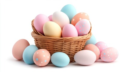 Basket of Pastel Colored Easter Eggs with Polka Dots. Generative AI