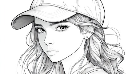 Fototapeta premium charming girl with cap black,white coloring book vector illustration for creative leisure activities
