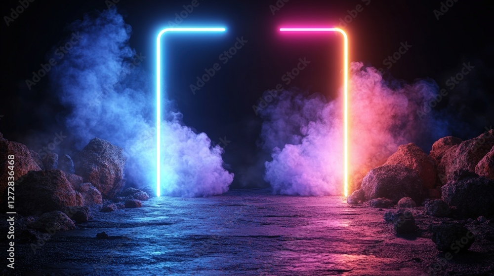Poster neon light in dark room with futuristic flashes creating a vibrant visual effect on black background