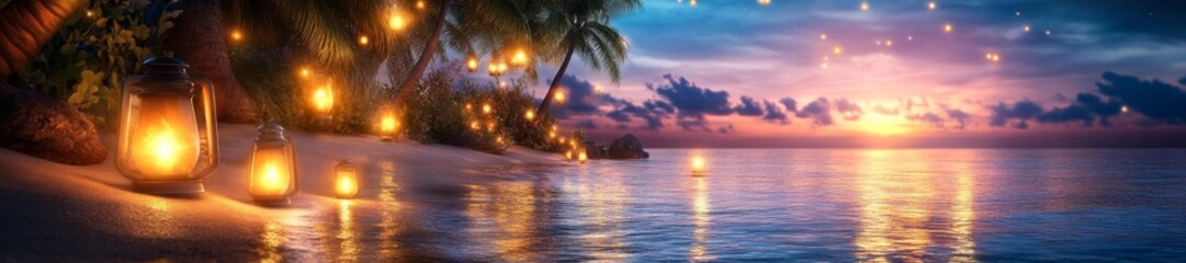 Fototapeta premium Stunning Beach Sunset with Lanterns and Fireflies on the Shore. Generative AI