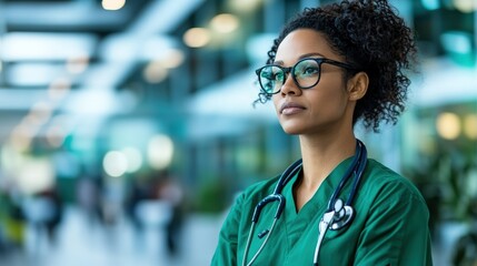Woman in green scrub suit and glasses engaging in mindfulness for nursing resilience programs