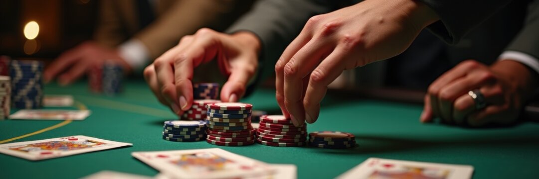 A dynamic poker scene with players engaged in a thrilling game, showcasing chips and cards, perfect for gaming, entertainment, or nightlife themes.