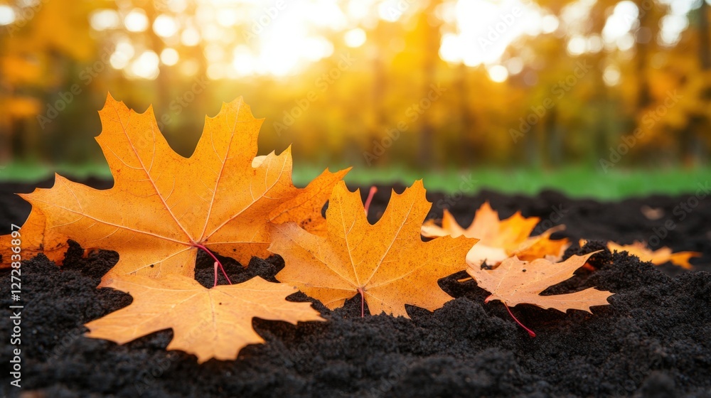 Poster orange maple leaves scattered on the ground with a bokeh effect in the background during autumn seas