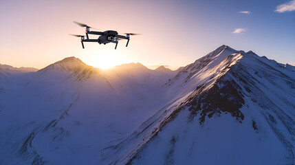 Drone flying over snowy mountain peaks, Golden sunset, Epic aerial, Winter adventure