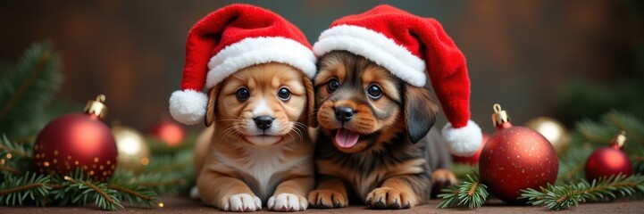 Adorable puppies in festive Santa hats, surrounded by Christmas ornaments and greenery, perfect for holiday-themed marketing and pet-related promotions.