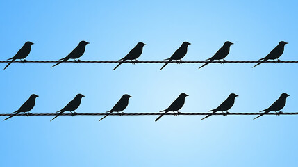 Silhouetted Birds Resting on Wires Under a Bright Blue Sky Tranquil Minimalist Composition.