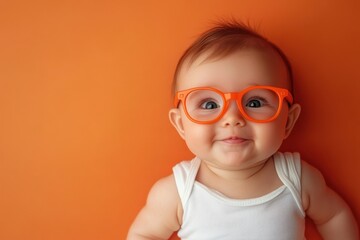 Adorable baby with orange glasses smiles on orange background
