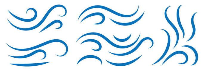 Set of swirl line wind doodle. Blue air flow icon. ocean water wave symbol. smoke flow art, abstract line. Sketch drawn air blow motion, smoke flow art, abstract line. vector illustration.