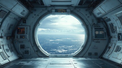 Futuristic spaceship interior, view through a large porthole, cloudy sky, calm sea