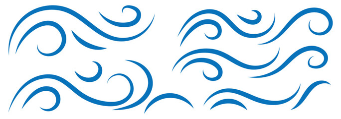 Set of swirl line wind doodle. Blue air flow icon. ocean water wave symbol. smoke flow art, abstract line. Sketch drawn air blow motion, smoke flow art, abstract line. vector illustration.