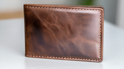 A high-quality, close-up view of a brown leather bifold wallet.