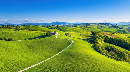 Papier peint photo intissé Aerial view of a house in a green rolling landscape