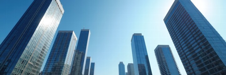 Naklejka premium A stunning view of modern skyscrapers under a clear blue sky, perfect for showcasing urban development, architecture, or corporate themes.