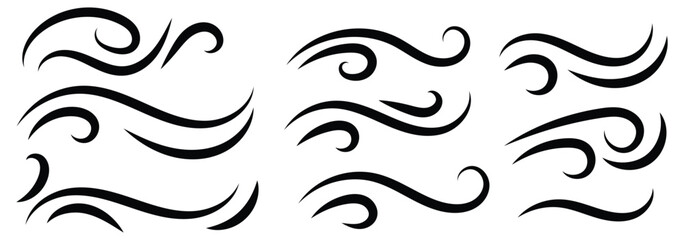 Doodle wind line sketch set. Sketch drawn air blow motion, smoke flow art, abstract line. Wave illustration sign collection. ocean symbol. Hand drawn air wave icon. 