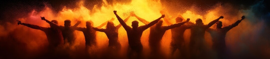 Colorful Group Silhouette Against Vibrant Flame Smoke in the Background. Generative AI