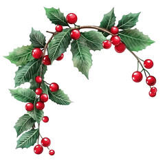 Watercolor Holly Branch with Red Berries Festive Winter Design,