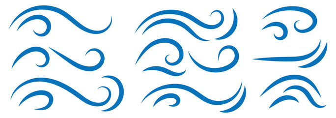 Blue waves icon vector set. ocean symbol.  doodle wind with line art. Hand drawn doodle wind motion, smoke flow art, abstract line Vector illustration 