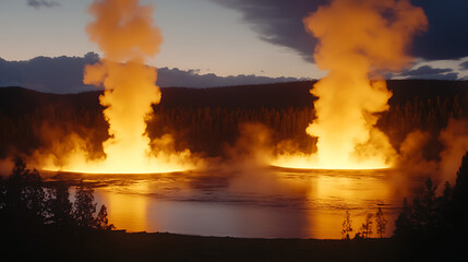 Steaming Geothermal Pools at Dusk Serene Landscape Natural Wonder Hot Springs Evening Glow Radiance.