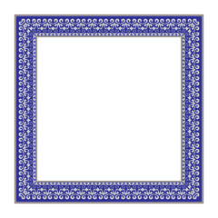 Blue and white ornamental frame. Square Ethnic Frame. Design Element of Turkic Nomads, Kazakh, Kyrgyz, Mongol, Tatar, Uzbek, Tajik. For plates, textiles, print design. Template for design. Vector 