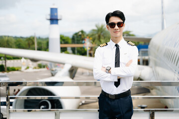 Asian Confident male pilot in uniform leaning at the passenger seat while standing inside of the...