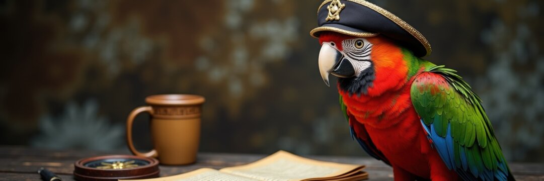 A vibrant parrot wearing a pirate hat and glasses sits next to a compass and an open book, perfect for adventurous themes and creative projects.