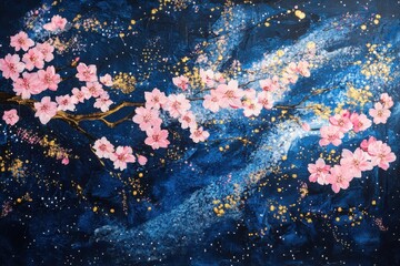 The night sky sparkles as cherry blossoms sway gently in the wind, creating a serene atmosphere perfect for nature lovers and photographers looking for enchanting floral scenes