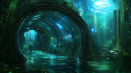 Submerged Eco Future Tunnel Leading Through Lush Forest a Tranquil Blend of Technology and Nature.