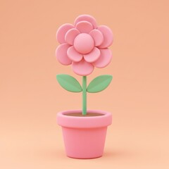 Cute Pink Flower in Pot 3d Render Design Element Decoration