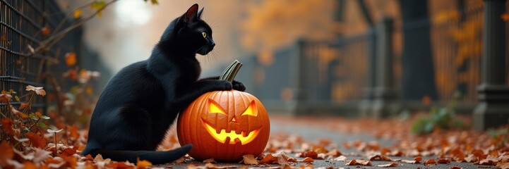 A mystical black cat sits beside a carved pumpkin in a serene, autumn setting, perfect for capturing the spirit of Halloween.