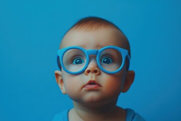 Baby with big blue eyes wearing oversized blue glasses