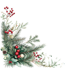 Festive Watercolor Christmas Corner Design Holly Berries Pine Branches