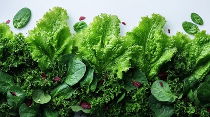 Fresh Leafy Greens Including Spinach and Lettuce on a White Background. Generative AI