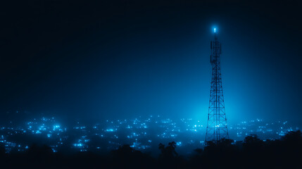 Telecommunications Tower at Night Illuminating Distant Cityscape in Mysterious Blue Ambience.