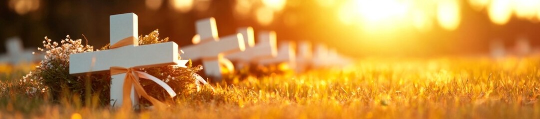 Beautiful Cemetery Crosses at Sunset with Flowers on the Grass. Generative AI