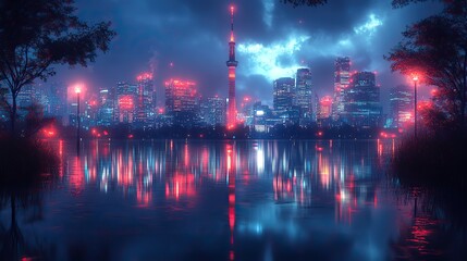 Fototapeta premium city skyline nighttime reflections lofi manga wallpaper of a sad yet beautiful scene with cityscape