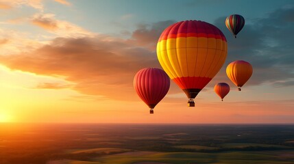 Obraz premium Colorful hot air balloons soar above a scenic landscape during a stunning sunset, creating a picturesque view filled with vibrant hues.