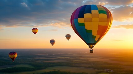 Naklejka premium Colorful hot air balloons float in the sky at sunset, creating a picturesque and serene atmosphere.
