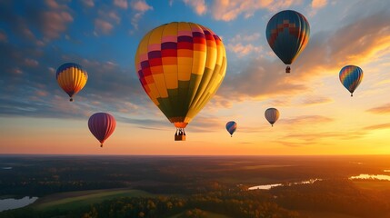 Obraz premium A vibrant sunset scene featuring multiple colorful hot air balloons soaring through the sky.