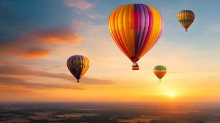 Obraz premium Colorful hot air balloons float in the sky at sunset, creating a picturesque scene filled with vibrant colors and tranquility.
