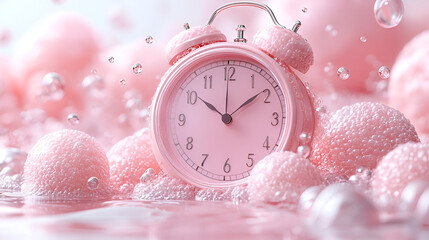 Pastel pink alarm clock with soft bubbles, whimsical time concept, nostalgic vibes, surreal imagery, magical realism