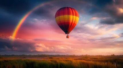 Naklejka premium A vibrant hot air balloon floats across a colorful sky, with a rainbow arcing in the background, creating a picturesque landscape filled with natural beauty.