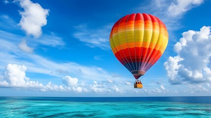 Fototapeta premium A colorful hot air balloon floats above clear blue waters under a bright sky, creating a picturesque and serene landscape.